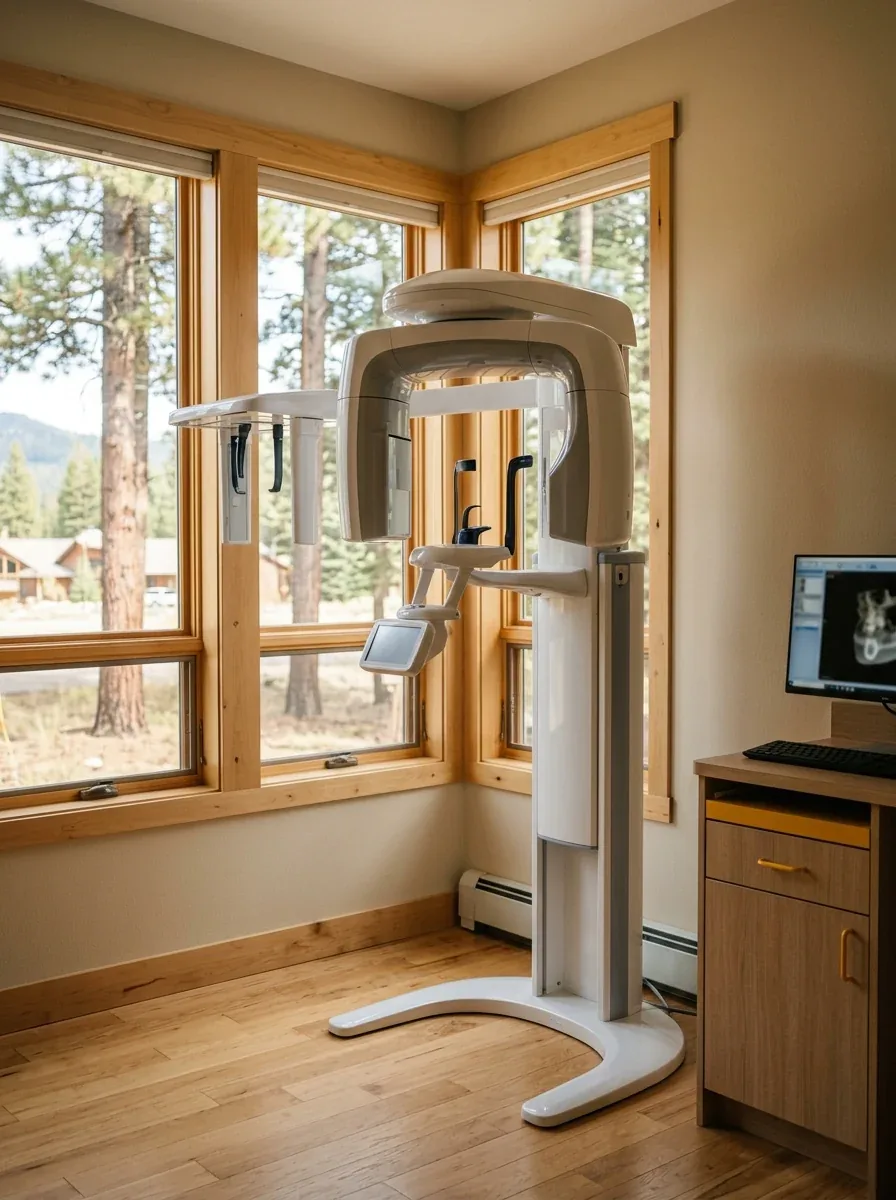 Dental CBCT X-ray machine standing by corner windows next to a computer station.