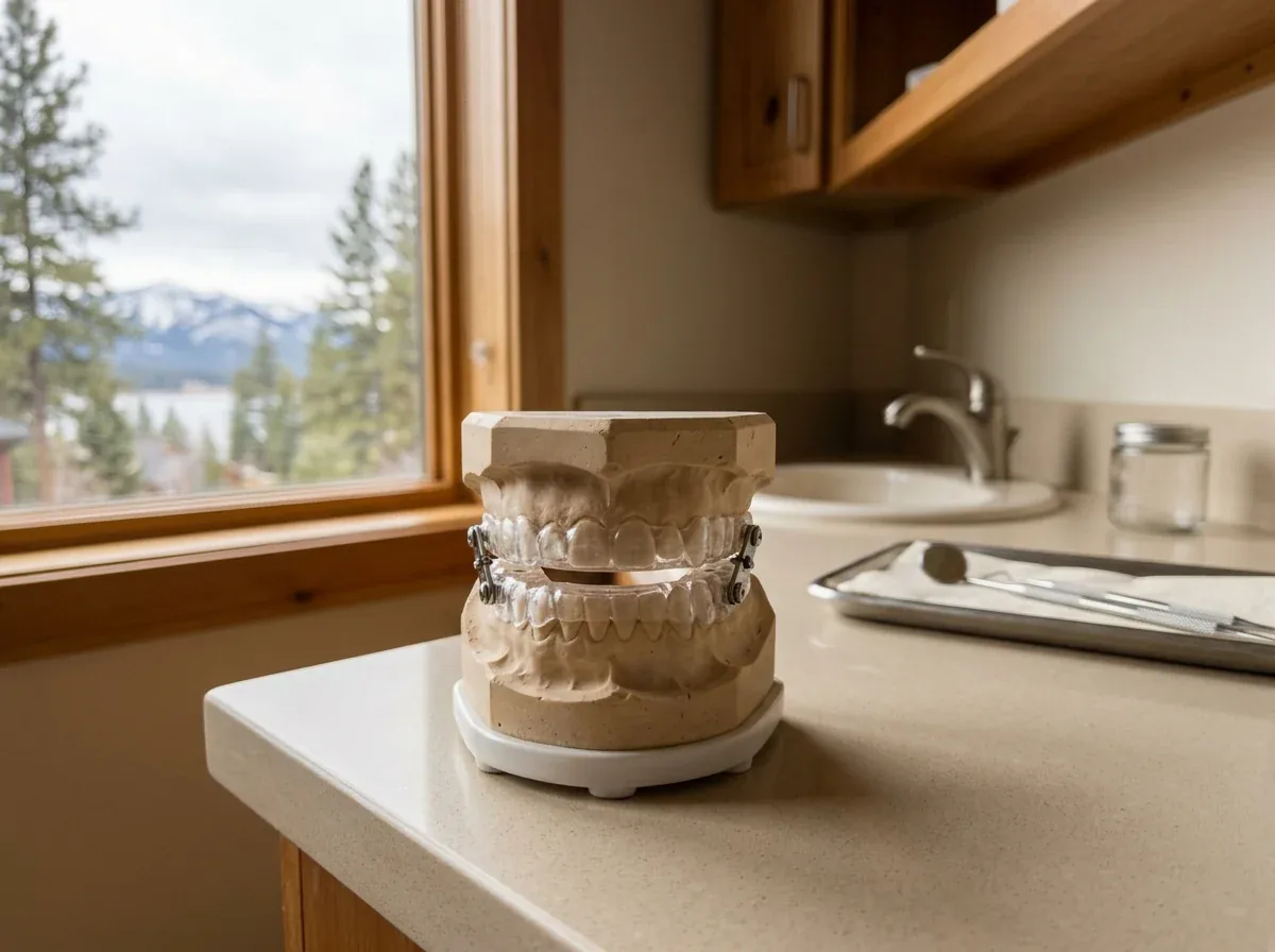 Dental model fitted with a clear sleep apnea oral appliance on a counter near a window.